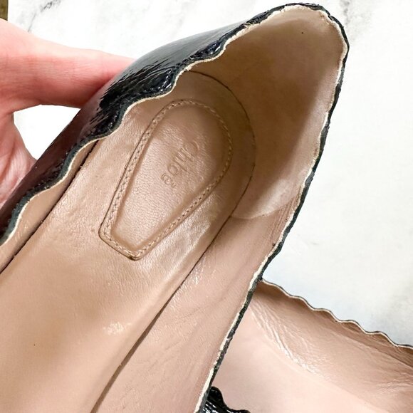 Chloe Womens Black Patent Leather Scalloped Low Block Pumps - Picture 3 of 9